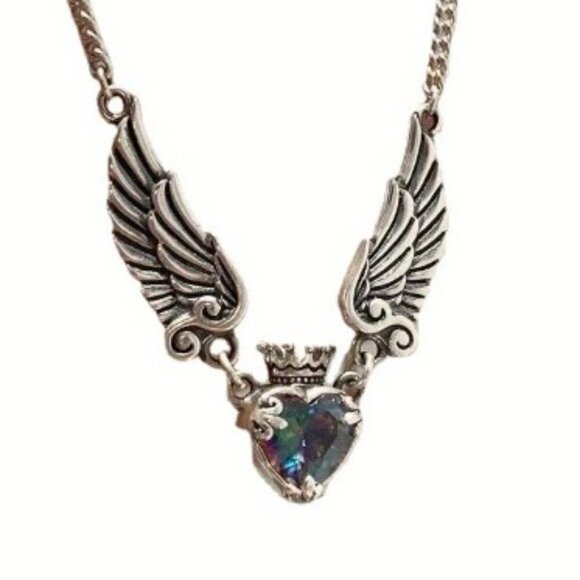 Retro-Inspired Aurora Angel Wings Love Crown Necklace Silver-plated Blue Crystal - Picture 6 of 8